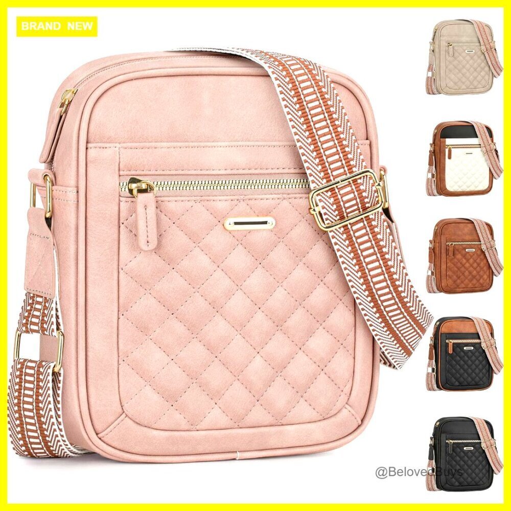 Small Quilted Vegan Leather Crossbody Bag Adjustable Strap Multi-Pocket